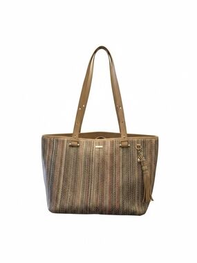 Brahmin Tan Multi-Stripe Woven Tote with Tassel